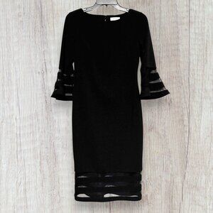 Calvin Klein Black Bell Sleeve Sheath Dress Mesh Panel Detail Size 4